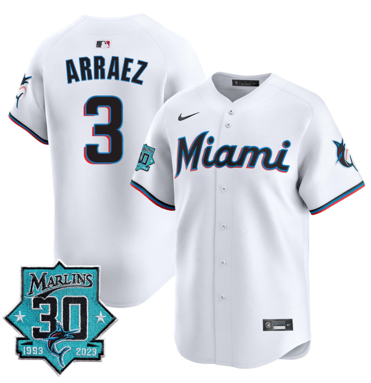 Luis Arraez Jersey #3 Miami Marlins 30 Seasons Anniversary Patch Limited Stitched White