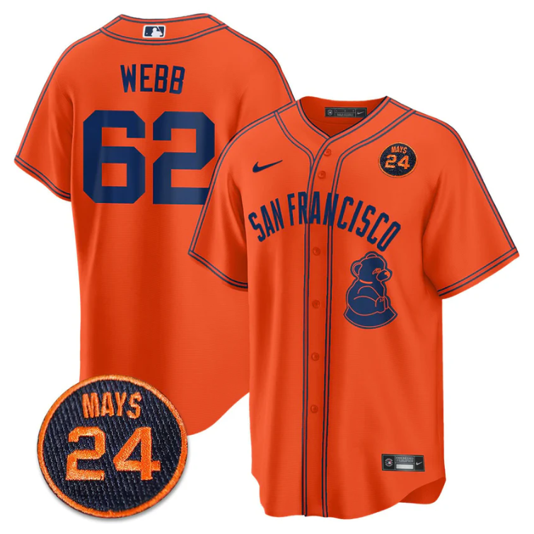 Logan Webb Jersey #62 San Francisco Giants #24 Willie Mays Patch 2024 Vapor Premier Orange Limited