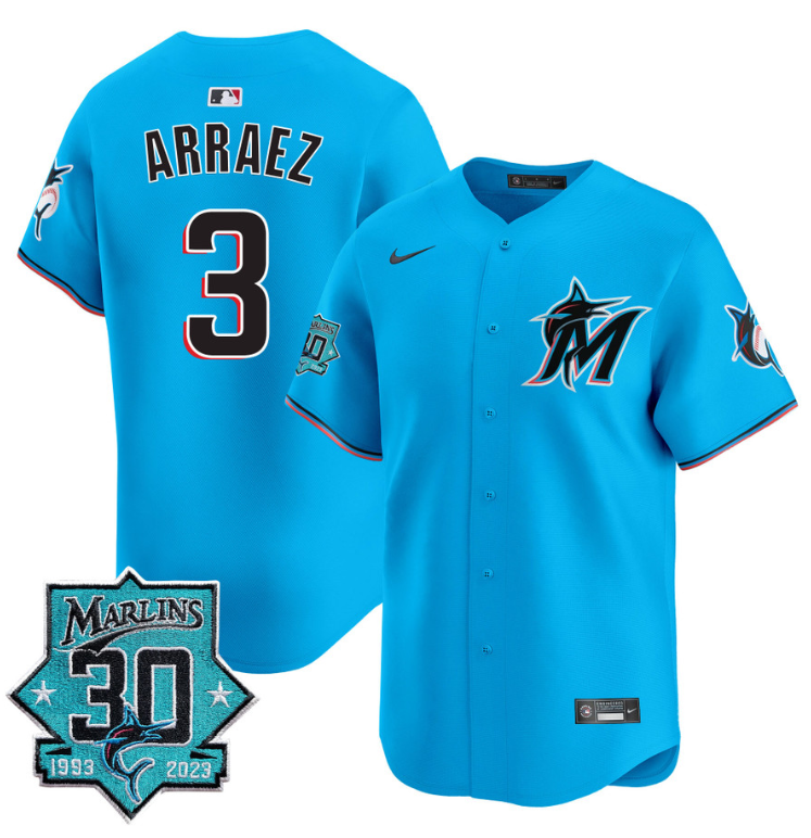 Luis Arraez Jersey #3 Miami Marlins 30 Seasons Anniversary Patch Limited Stitched Blue