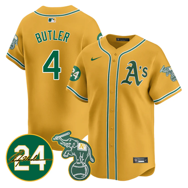 Lawrence Butler Jersey #4 Oakland Athletics 2025 Rickey Henderson Memorial Stitched Yellow