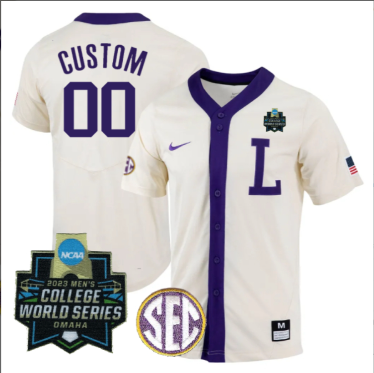 LSU Tigers College Baseball Stitched Jersey Natural White World Series Patch