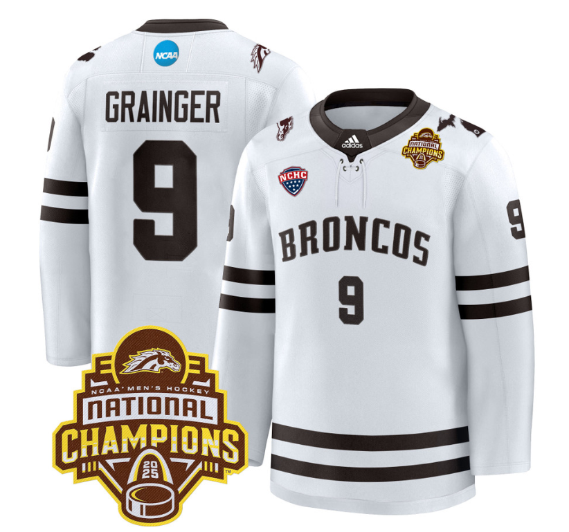 Luke Grainger Jersey #9 Western Michigan Broncos 2025 National Champions Patch Stitched White