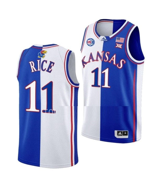 Men's #11 M.J. Rice Jersey Kansas Jayhawks College Basketball Jerseys Blue White Split