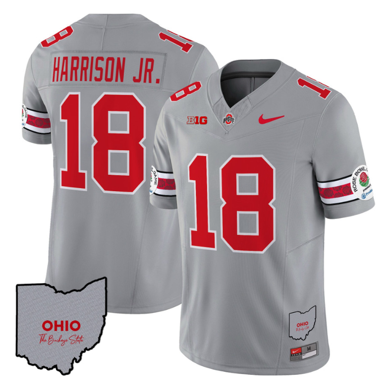 Marvin Harrison Jr Jersey #18 Ohio State Rose Bowl Patch Football V3 Gray