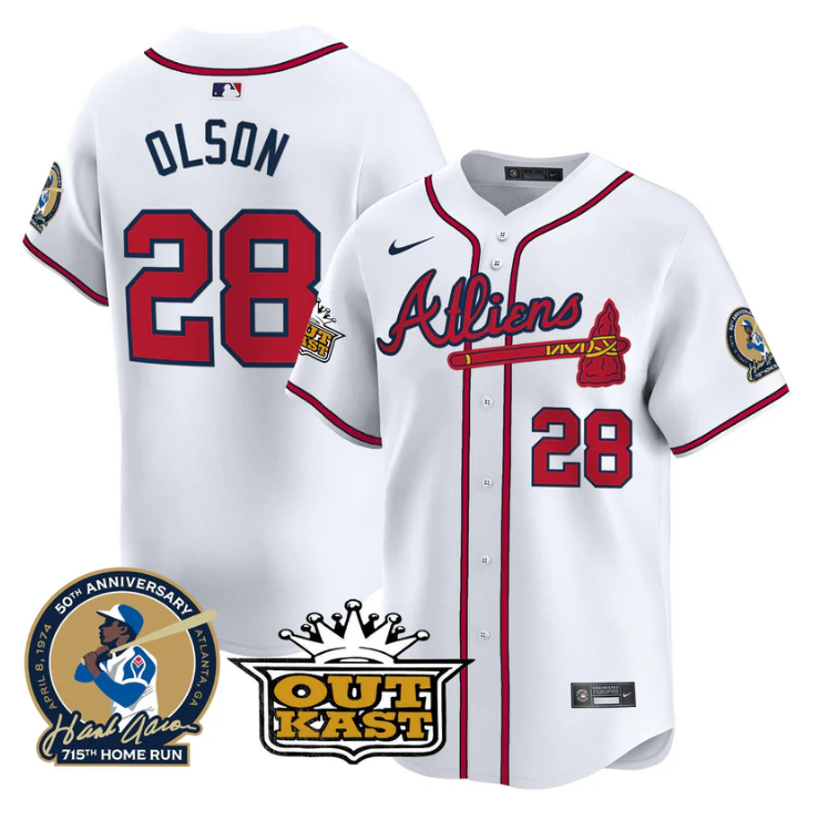 Matt Olson Jersey #28 Atlanta Braves Atliens Hank Aaron Patch Limited Stitched White