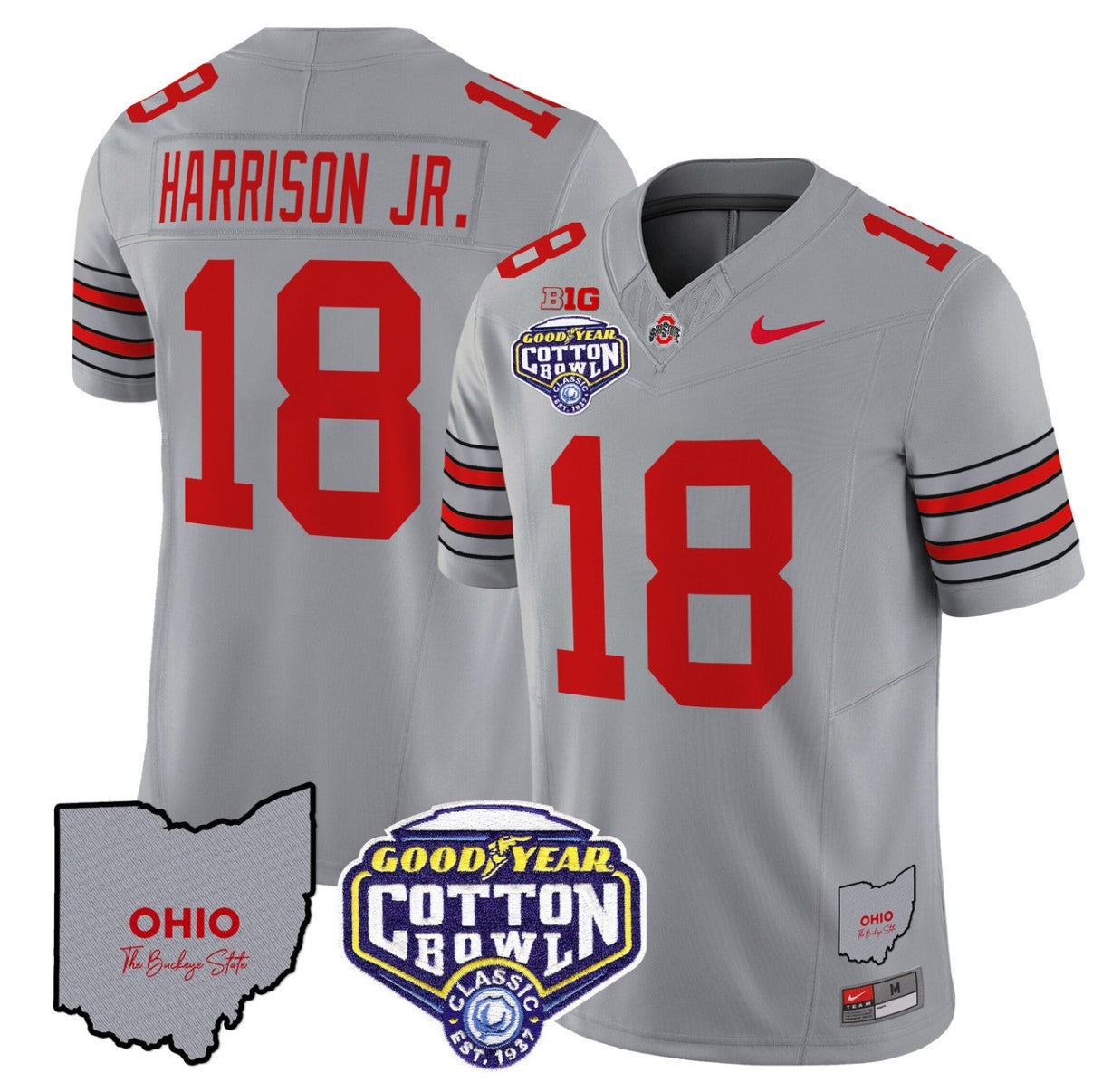 Marvin Harrison Jr Jersey #18 Ohio State Buckeyes Cotton Bowl Patch Gray