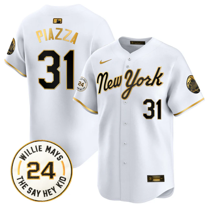 Mike Piazza Jersey #31 Mets Willie Mays Patch Vapor Premier Limited Stitched New York Gold