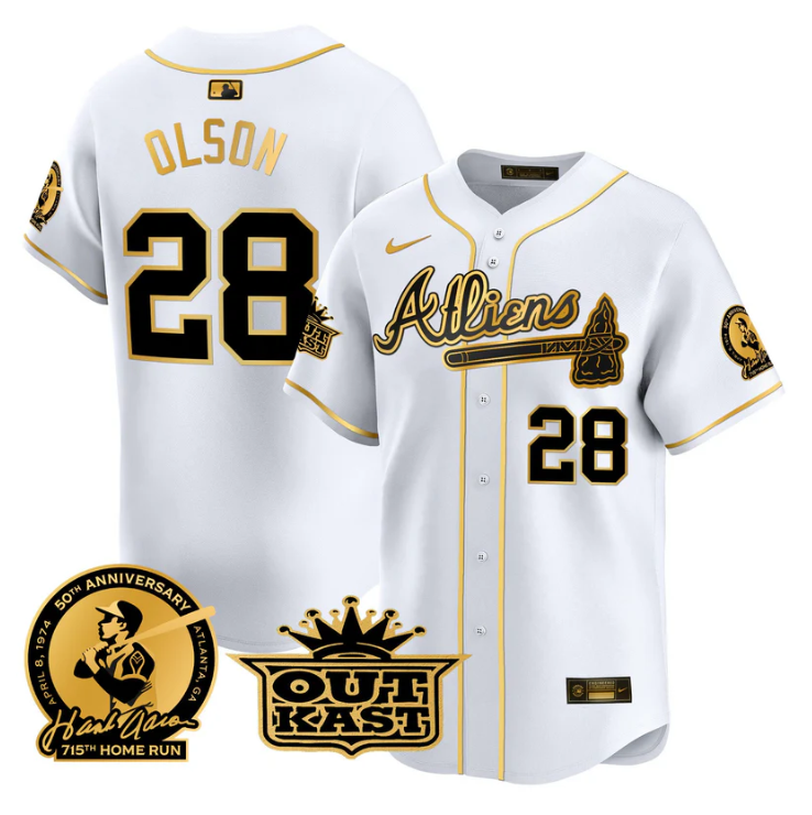 Matt Olson Jersey #28 Atlanta Braves Atliens Hank Aaron Patch Limited Stitched White Gold