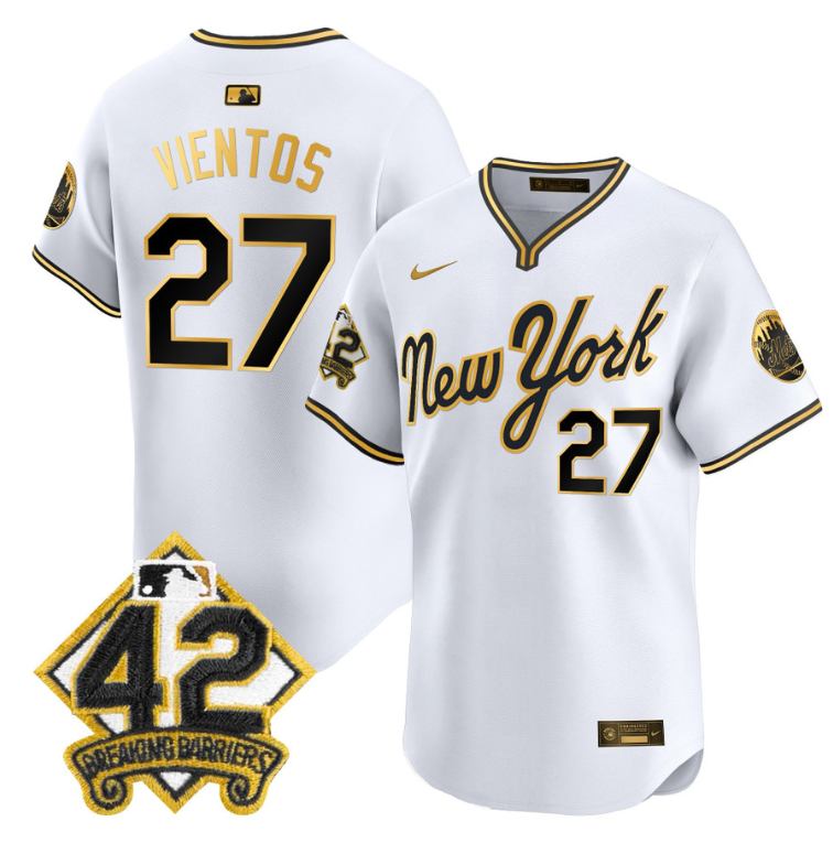 Mark Vientos Jersey #27 New York Mets 2025 Jackie Robinson Patch Road Alternate Stitched White Gold