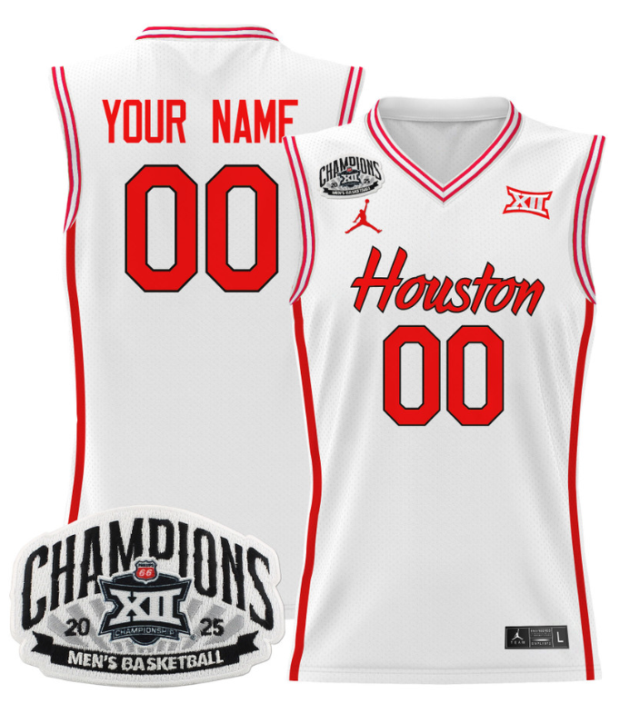 Men Custom Houston Cougar Jersey 2025 Big 12 Tournament Champions Stitched White