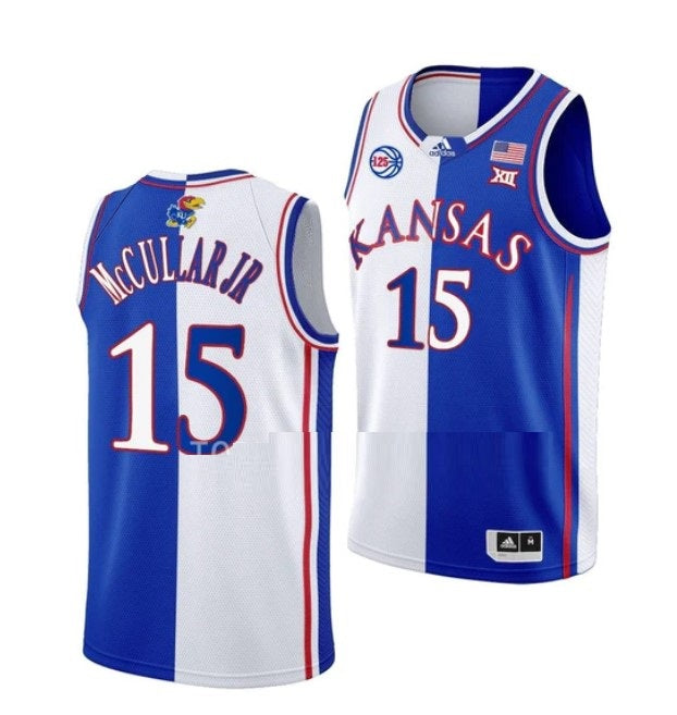 Men's #15 Kevin McCullar Jr Jersey Kansas Jayhawks College Basketball Jerseys White Royal Split