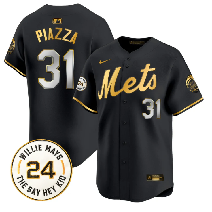Mike Piazza Jersey #31 Mets Willie Mays Patch Vapor Premier Limited Stitched Black Gold