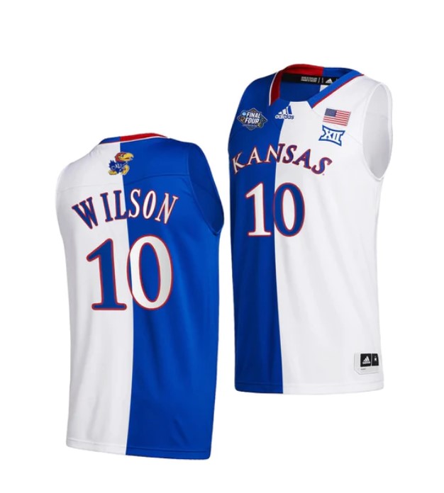 Men's #10 Jalen Wilson Jersey Kansas Jayhawks College Basketball Jerseys White Royal Split 2022