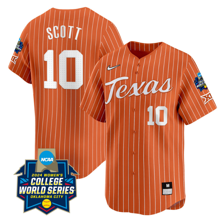 Mia Scott Jersey #10 Texas AM Aggies 2024 College World Series Patch Vapor Premier Limited NCAA Baseball Stitched Pinstripe Orange