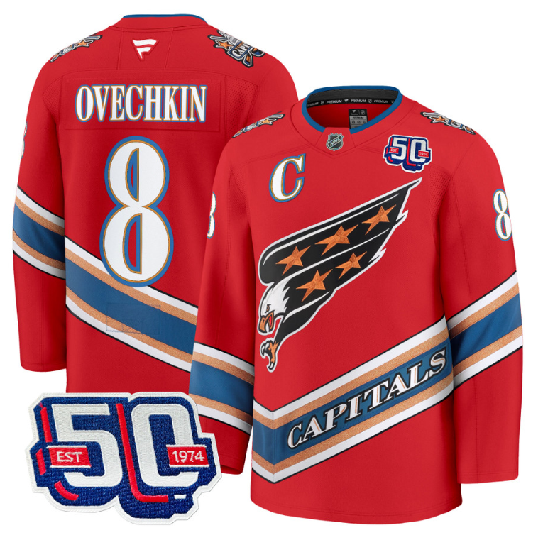 Men Alex Ovechkin Jersey #8 Washington Capitals Eagle 50th Anniversary Red