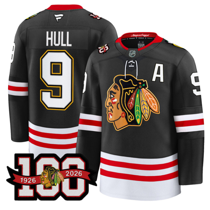 Men Bobby Hull Jersey #9 Chicago Blackhawks 100th Anniversary Stitched Black
