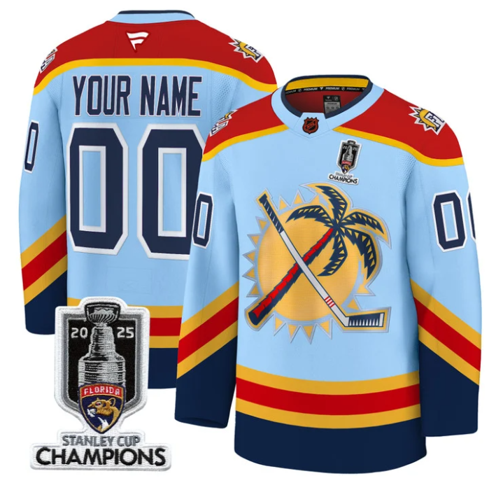 Men Custom Florida Panthers Jersey 2025 Stanley Cup Champions Blue