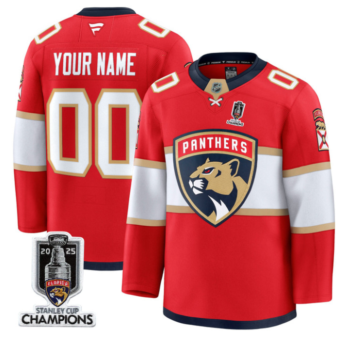 Men Custom Florida Panthers Jersey 2025 Stanley Cup Champions Red