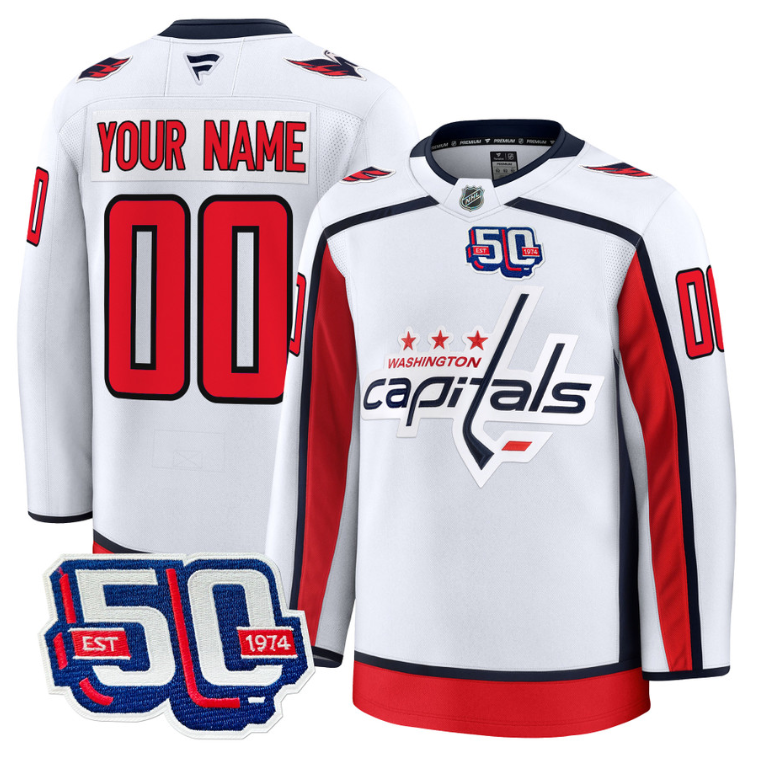 Men Custom Washington Capitals Jersey 50th Anniversary Premium V2 Stitched White