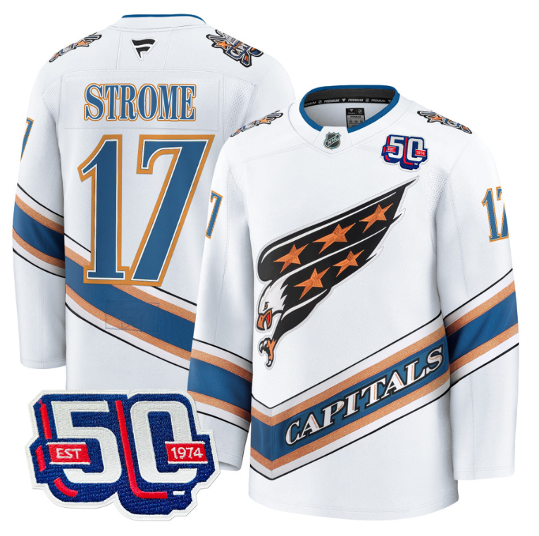 Men Dylan Strome Jersey #17 Washington Capitals Eagle 50th Anniversary White