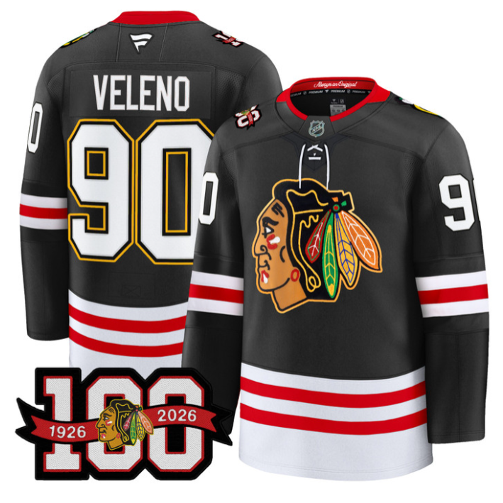 Men Joe Veleno Jersey #90 Chicago Blackhawks 100th Anniversary Stitched Black