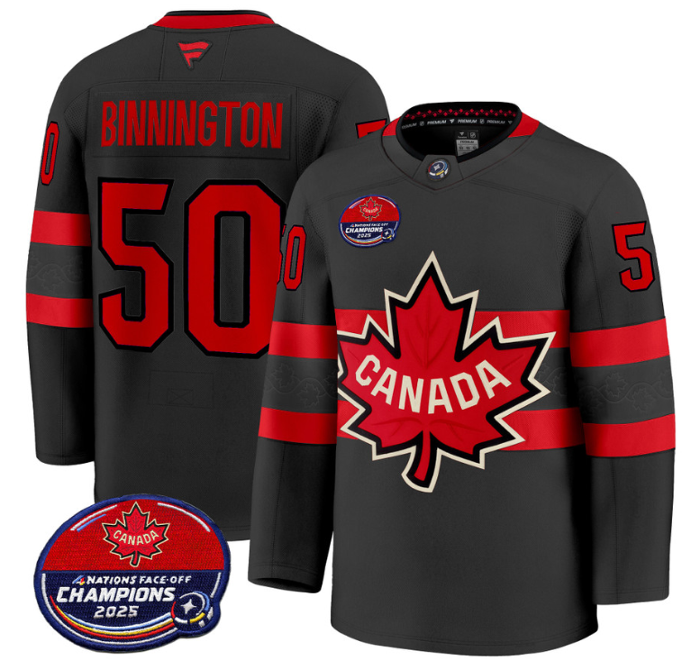 Men Jordan Binnington Jersey #50 Canada 4 Nations 2025 Champions V2 Black