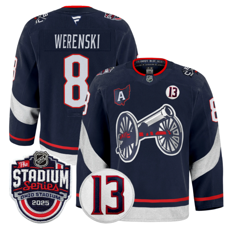 Men Zach Werenski Jersey #8 Columbus Blue Jackets 2025 Stadium Series Navy