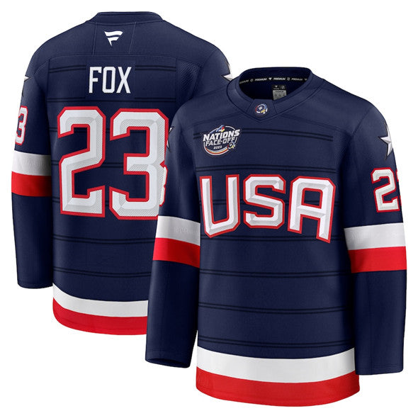 Men's Adam Fox Jersey #23 USA Navy 2025 4 Nations Face-Off All Stitched