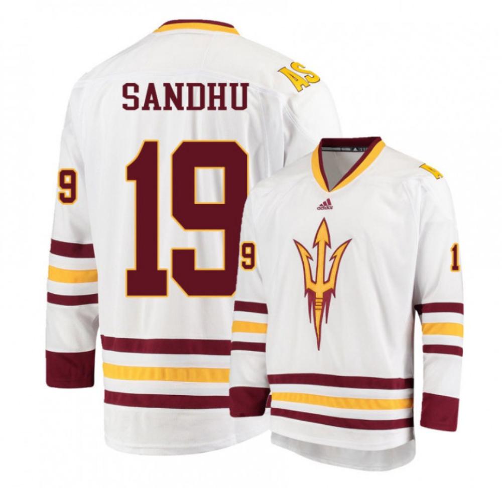 Men's Arizona State Sun Devils #19 Jordan Sandhu Hockey Stitched White Jersey