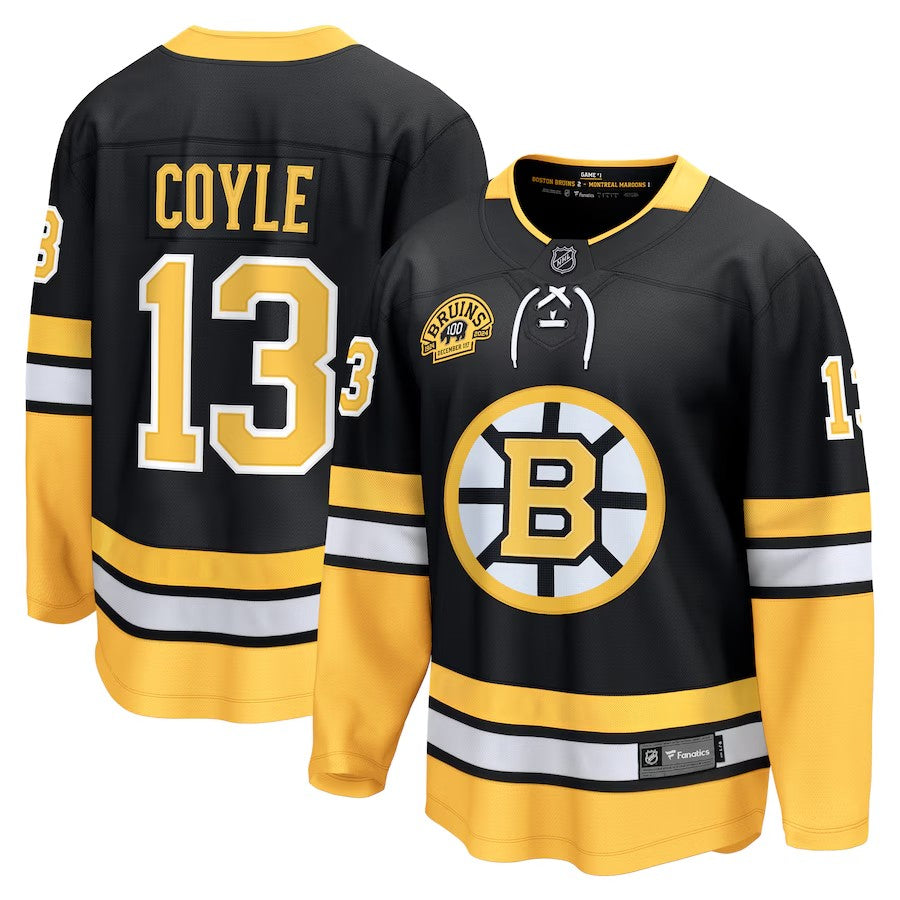 Men's Boston Bruins #13 Charlie Coyle 100th Anniversary Premier Breakaway Jersey Black