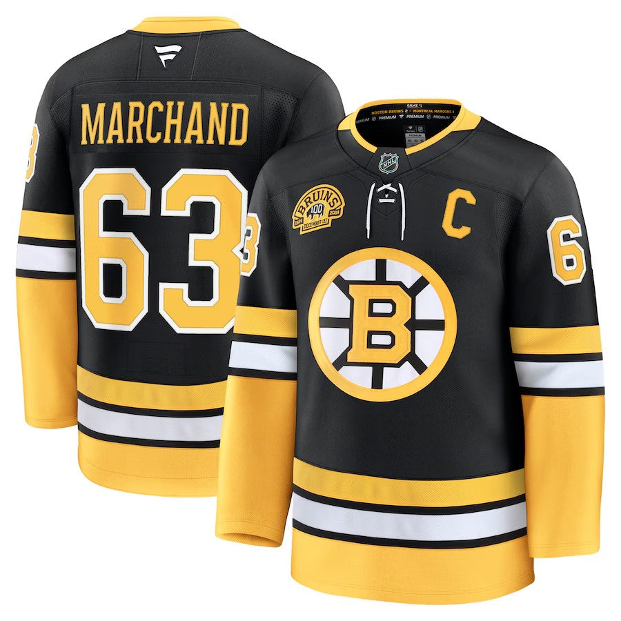 Men's Boston Bruins #63 Brad Marchand Alternate 100th Anniversary Premium Jersey Black