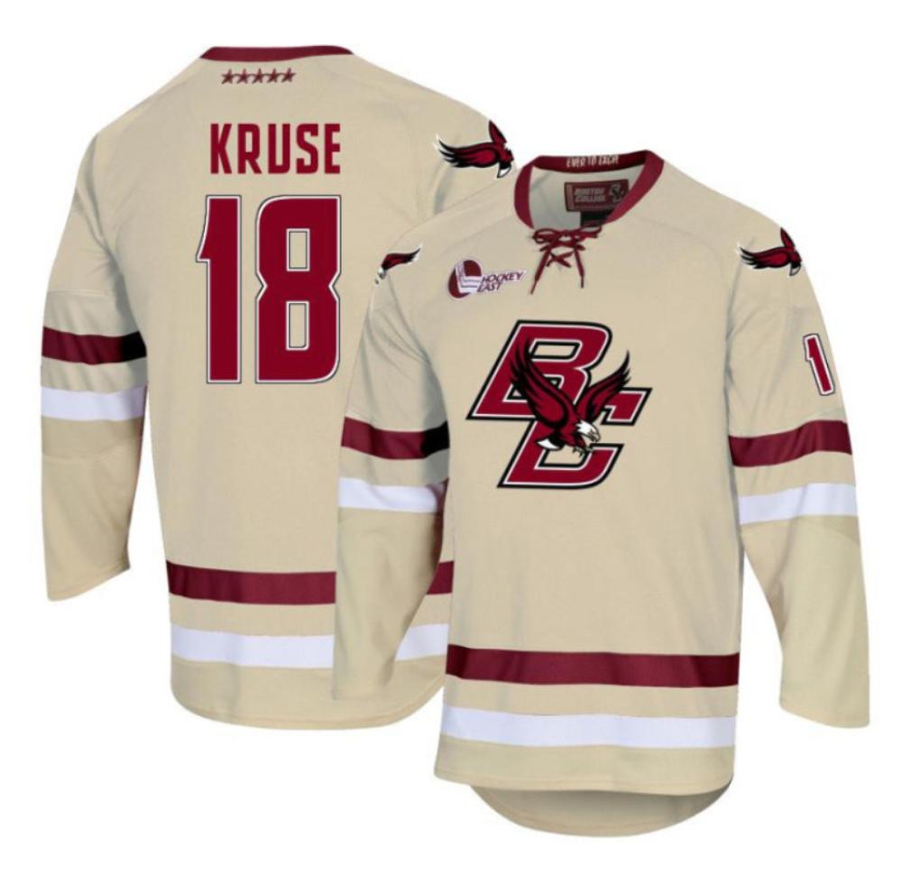Men's Boston College Eagles Brandon Kruse #18 Hockey Stitched Cream Jersey