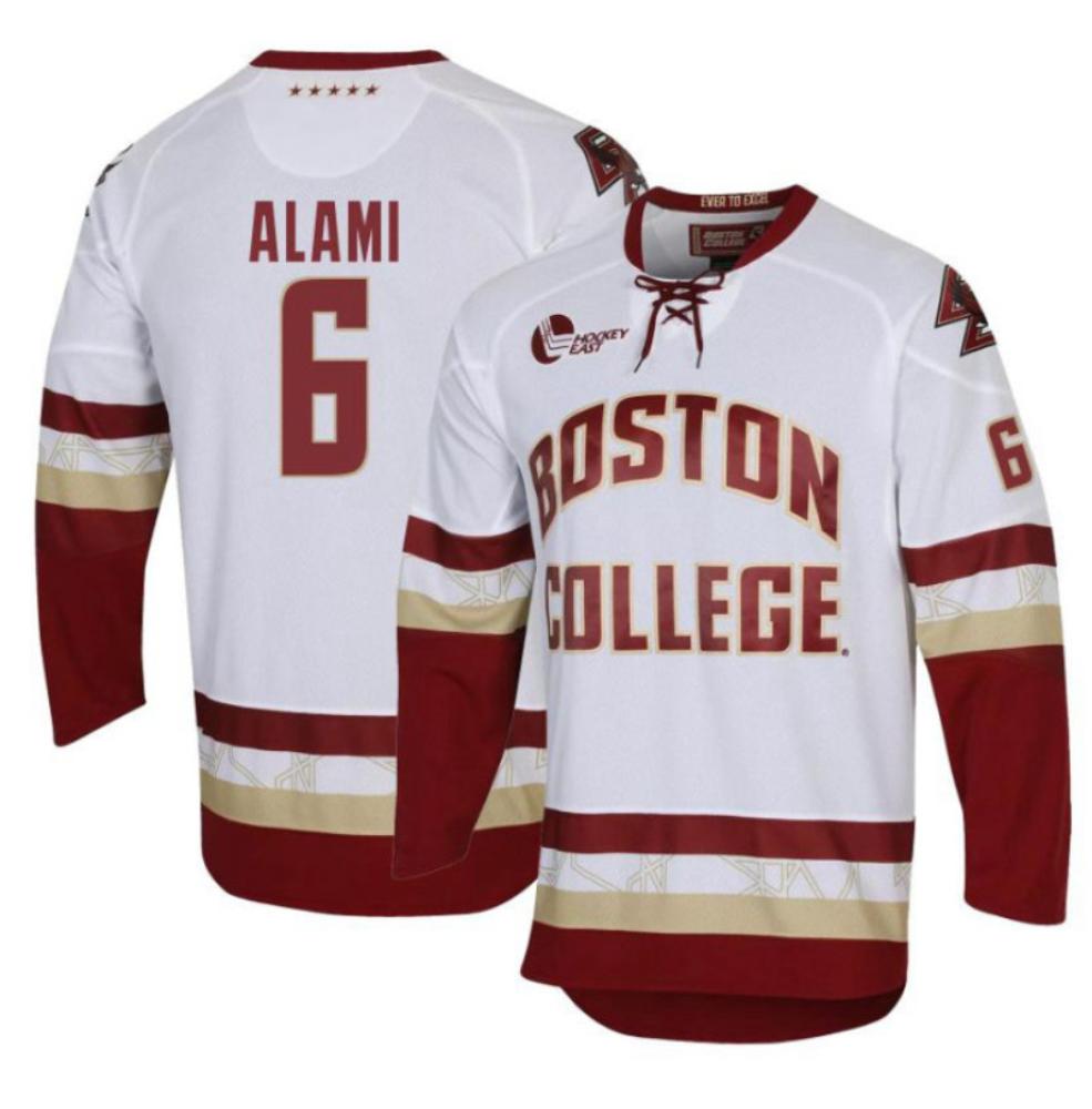 Men's Boston College Eagles Cade Alami #6 Hockey All Stitched White Jersey