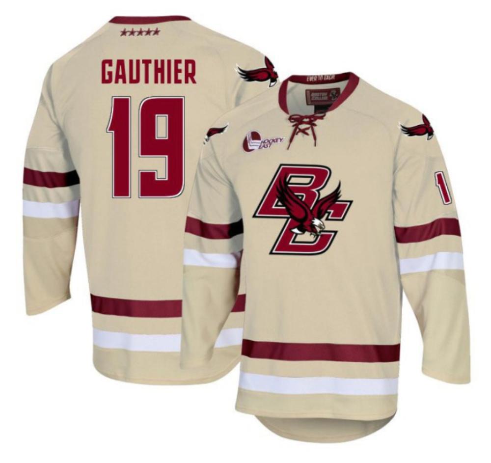 Men's Boston College Eagles Cutter Gauthier #19 Hockey All Stitched Cream Jersey