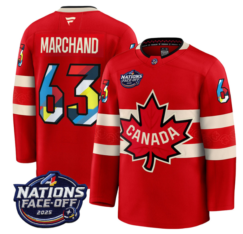 Men's Brad Marchand Jersey #63 Canada 4 Nations Face-Off 2025 V2 Stitched Red
