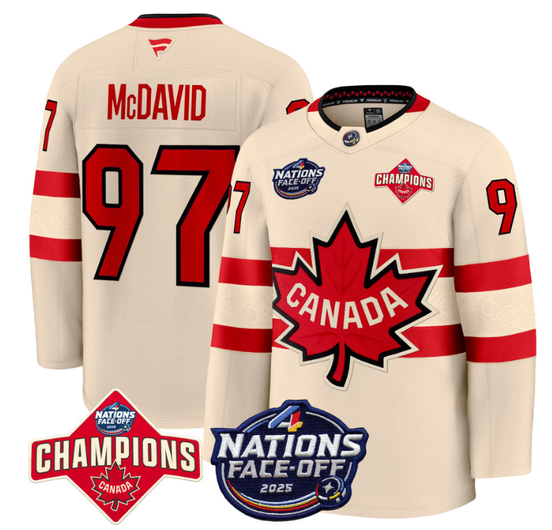 Men's Connor McDavid Jersey #97 Canada 4 Nations Face-Off 2025 Champions Cream