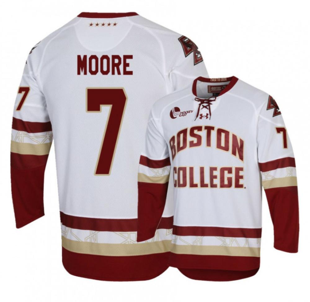 Men's Connor Moore #7 Boston College Eagles Hockey Stitched White Jersey