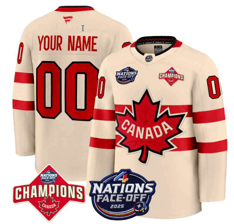 Men's Custom Canada Jersey 4 Nations Face-Off 2025 Champions Stitched Cream