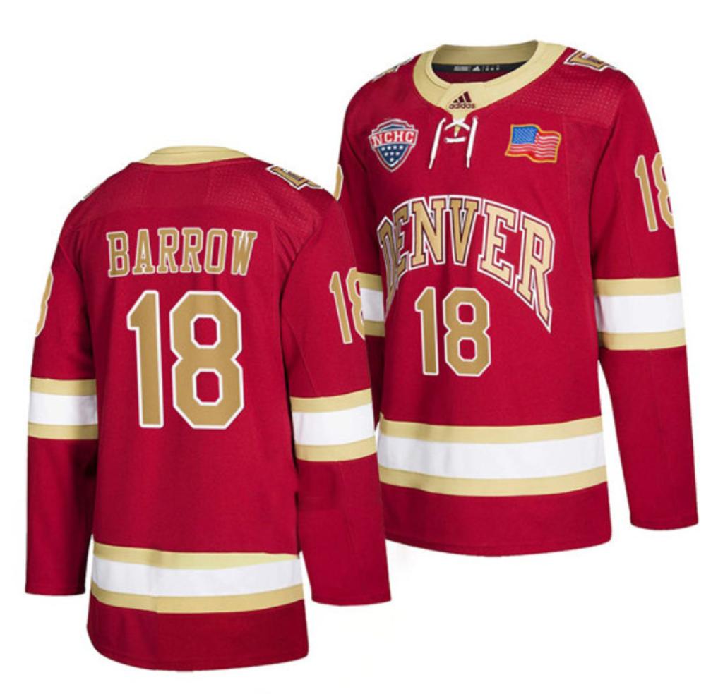 Men's Denver Pioneers #18 Ryan Barrow College Hockey Stitched Crimson Jersey