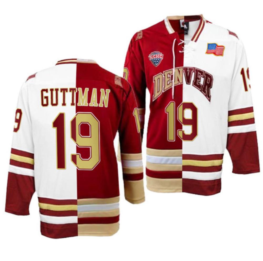 Men's Denver Pioneers #19 Cole Guttman College Hockey All Stitched Split Jersey