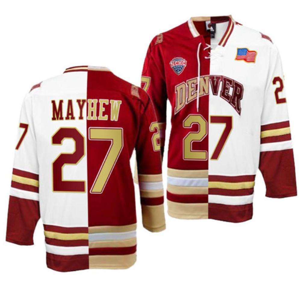 Men's Denver Pioneers #27 Kyle Mayhew College Hockey All Stitched Split Jersey
