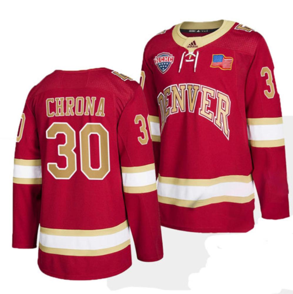 Men's Denver Pioneers #30 Magnus Chrona College Hockey Stitched Crimson Jersey