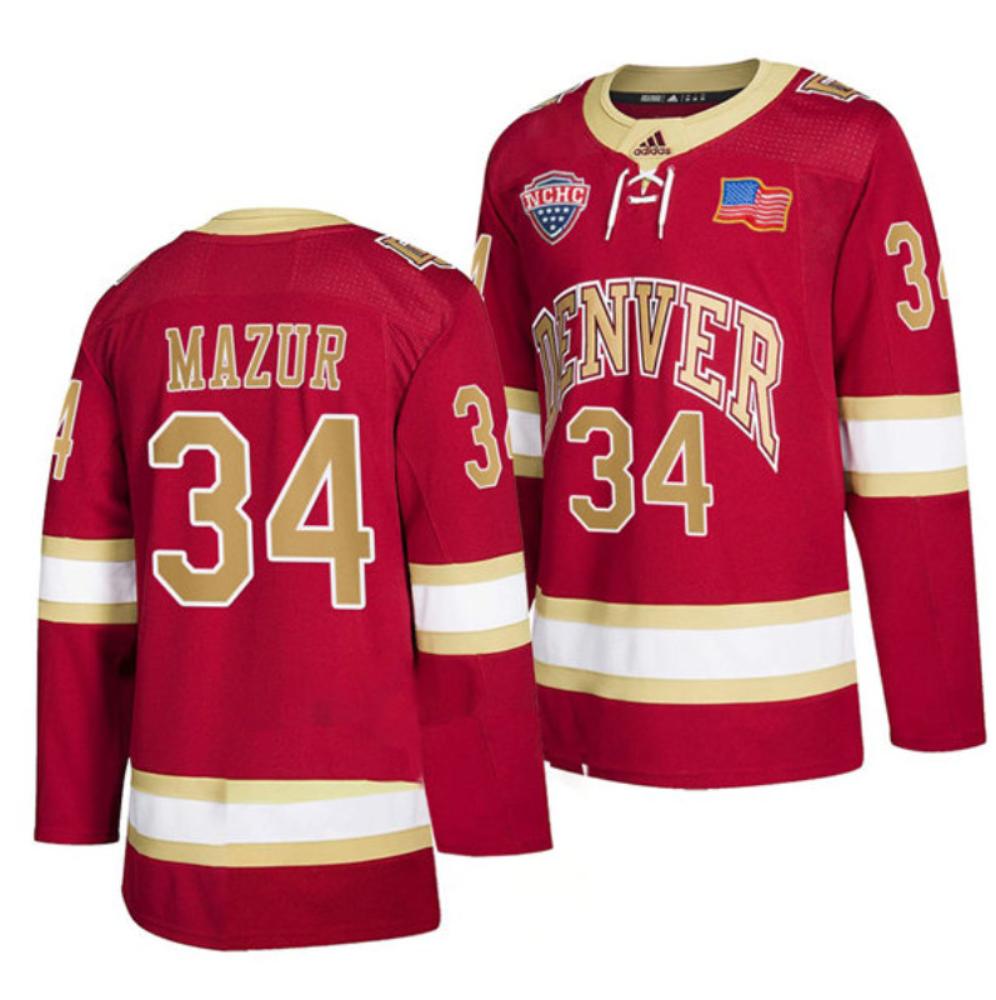 Men's Denver Pioneers #34 Carter Mazur College Hockey Stitched Crimson Jersey