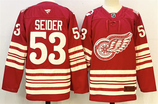 Men's Detroit Red Wings #53 Moritz Seider Jersey Red 2025-26 Centennial Premium Stitched