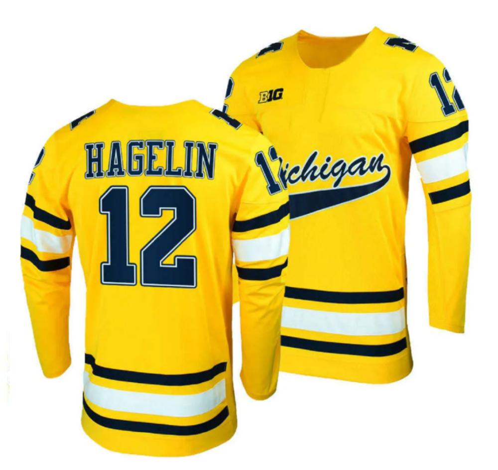 Men's Hagelin #12 Michigan Wolverines College Hockey All Stitched Gold Jersey