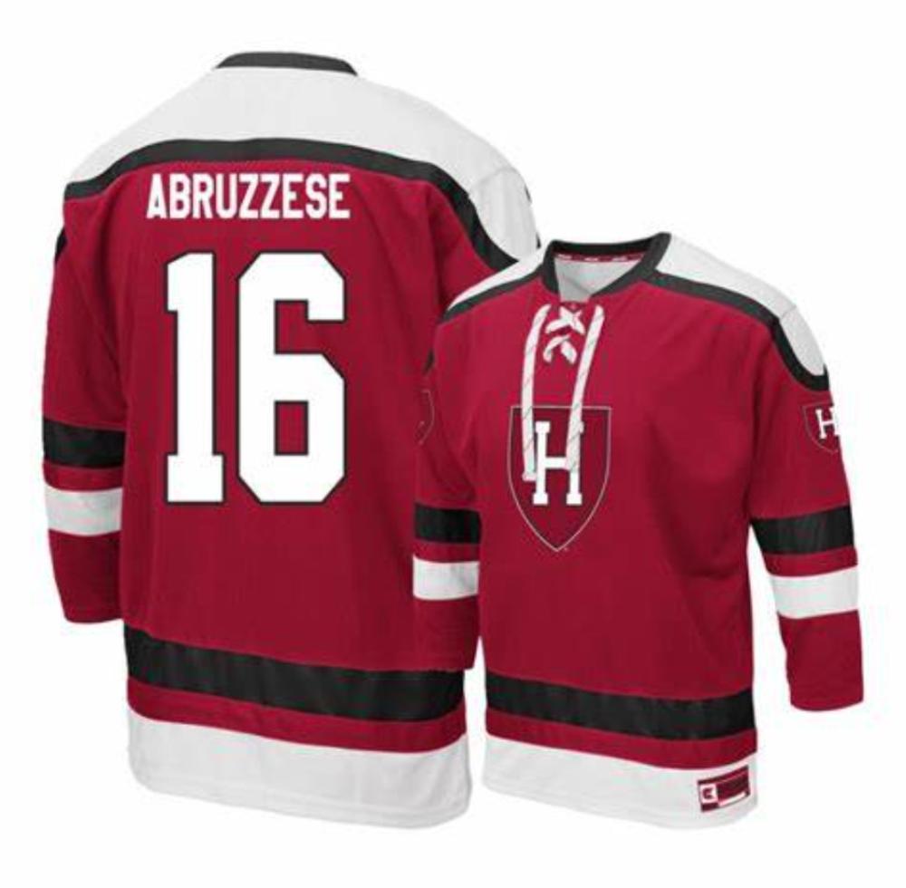 Men's Harvard Crimson #16 Nicholas Abruzzese Red College Hockey Jersey