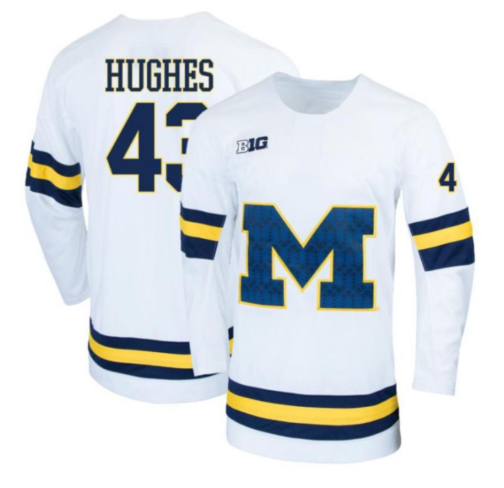 Men's Luke Hughes #43 White Michigan Wolverines Hockey All Stitched Jersey