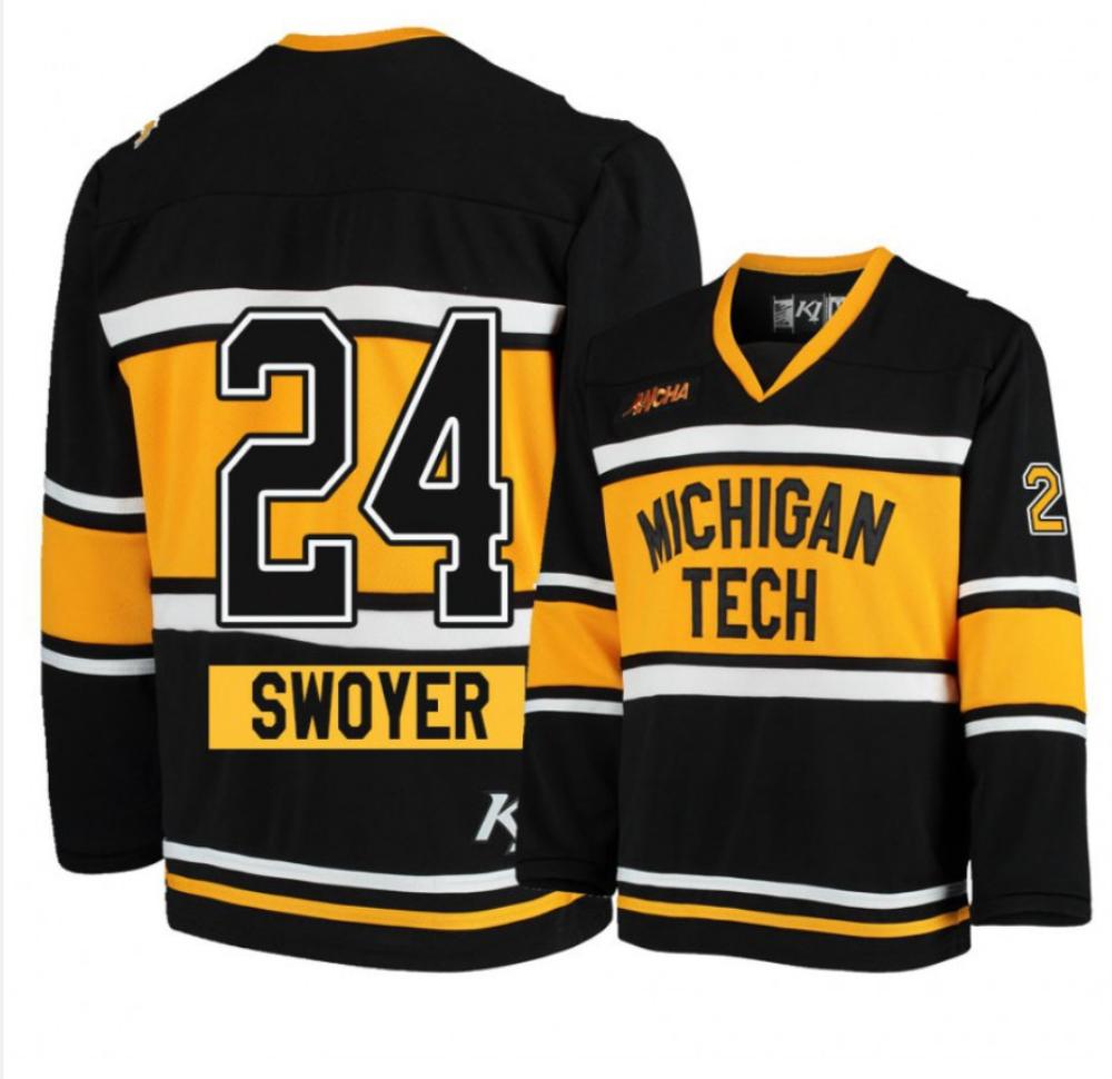 Men's Michigan Tech Huskies #24 Colin Swoyer Hockey All Stitched Black Jersey