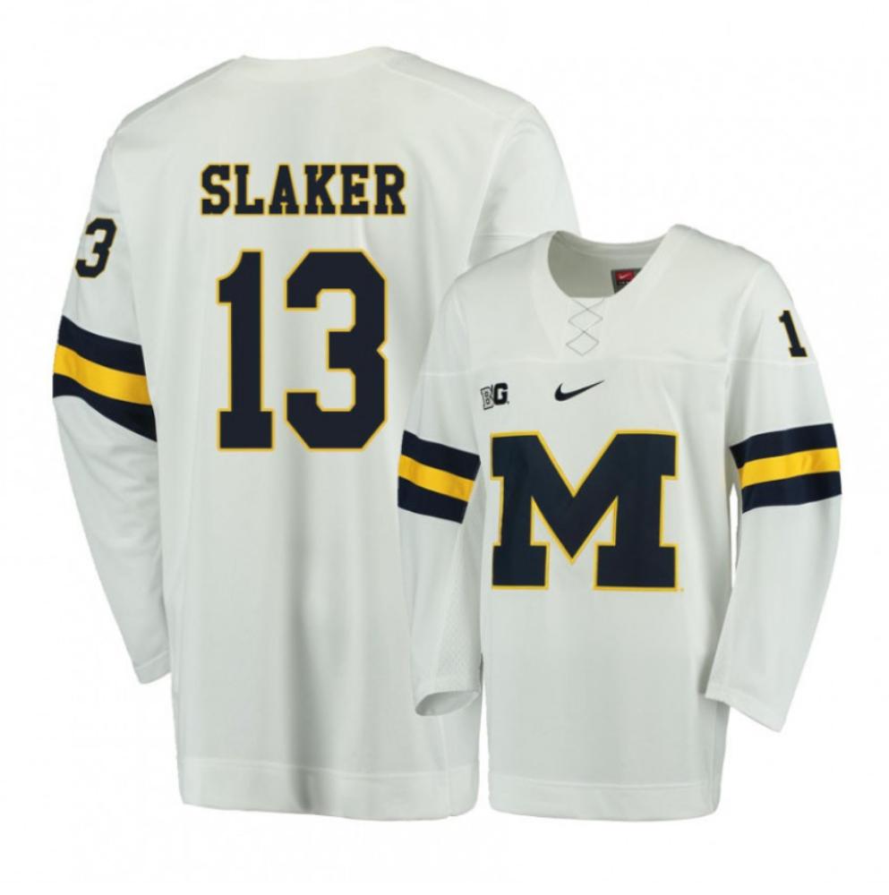 Men's Michigan Wolverines Jake Slaker #13 College Hockey Stitched White Jersey