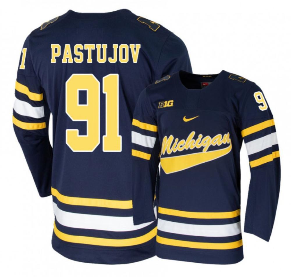 Men's Michigan Wolverines Nick Pastujov #91 College Hockey Stitched Navy Jersey